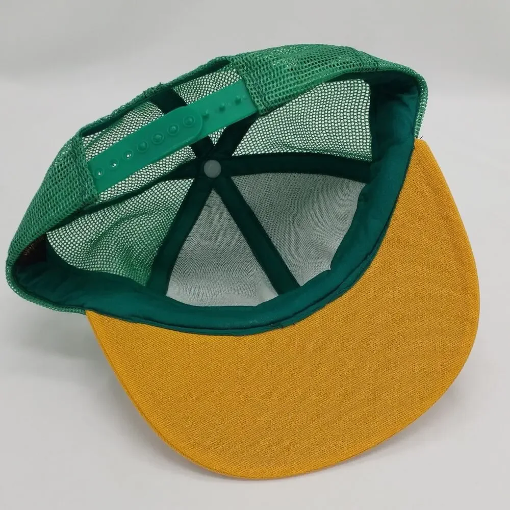Vintage 70s Blank Trucker Hat Green Yellow Two Tone Mesh Snapback Cap VTG